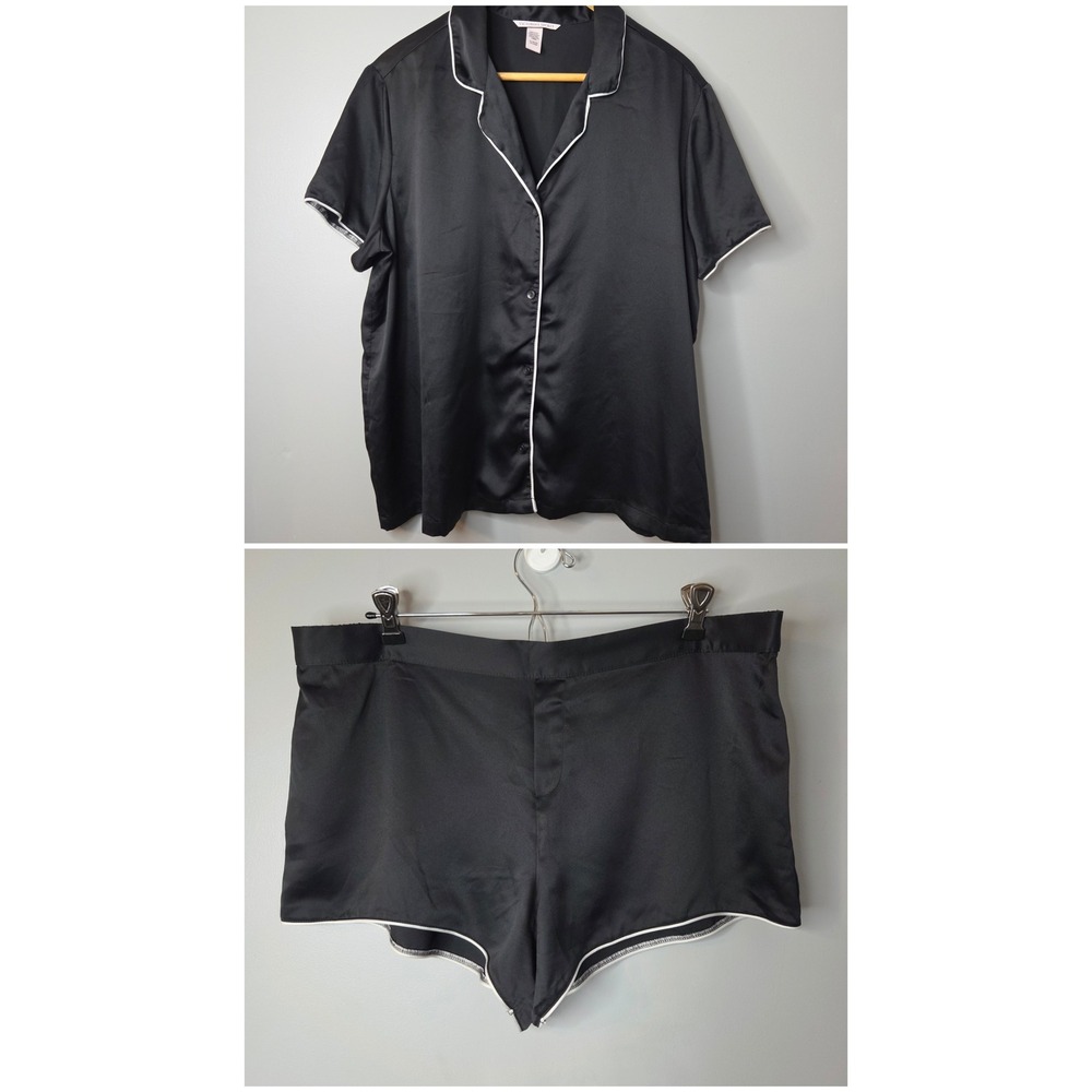 Victoria's Secret Black Satin Short Pajama Set XL Short Sleeve Button Front PJ